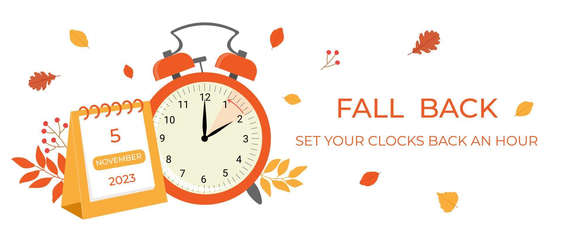 Daylight saving time ends concept banner. Fall Back time. Allarm clock with autumn leaves and calendar vector