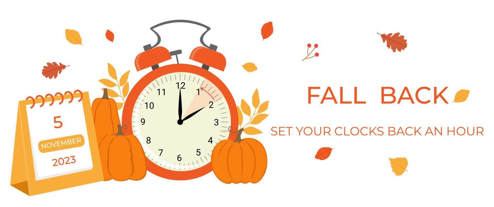 Daylight saving time ends concept banner. Fall Back time. Allarm clock