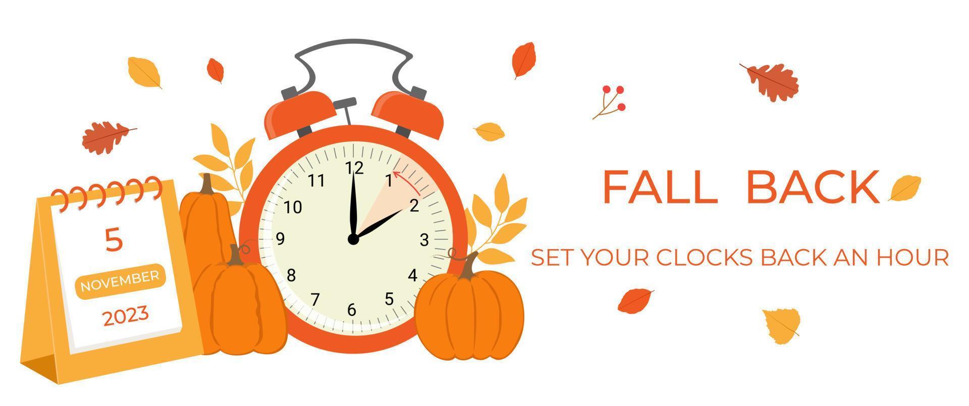 Daylight saving time ends concept banner. Fall Back time. Allarm clock with autumn leaves, pumpkins and calendar vector
