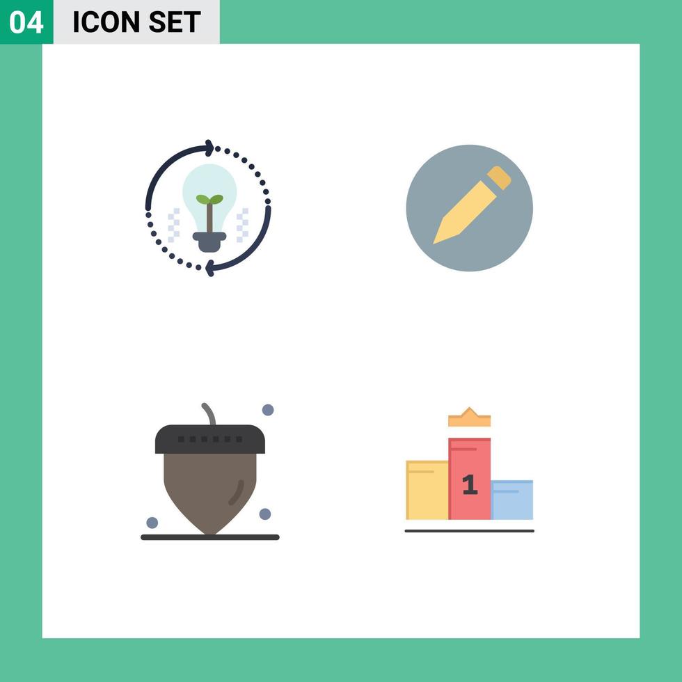 Set of 4 Commercial Flat Icons pack for bulb oak nut solution pencil pedestal Editable Vector Design Elements