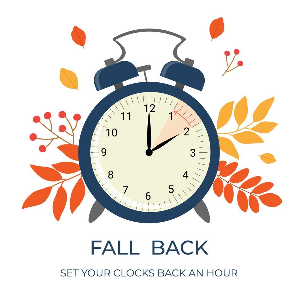 Daylight saving time ends concept banner. Fall Back time. Allarm clock with autumn leaves and branches. vector