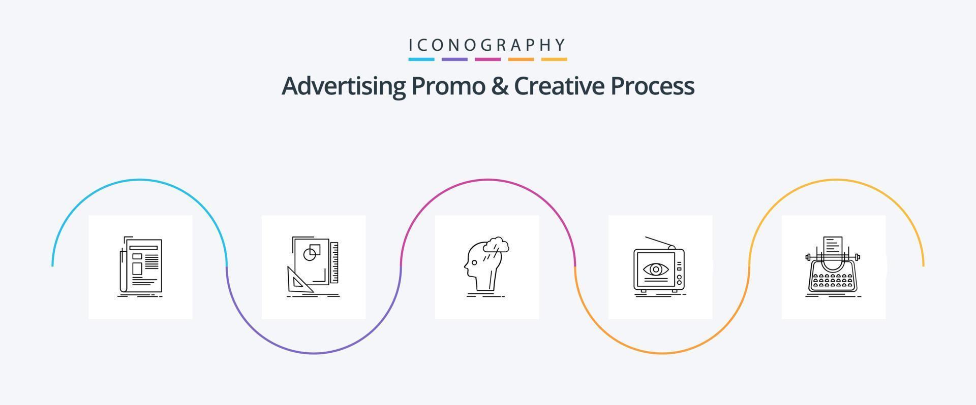 publicidad promoción y creativo proceso línea 5 5 icono paquete incluso marketing. anuncio. bosquejo. pensamiento. cabeza vector