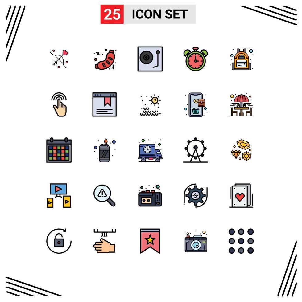 Universal Icon Symbols Group of 25 Modern Filled line Flat Colors of time clock sausage alarm turntable Editable Vector Design Elements