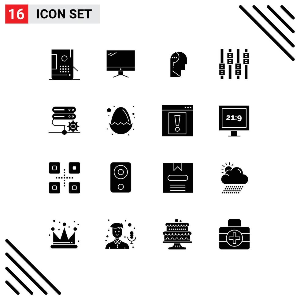 Pack of 16 creative Solid Glyphs of database editing imac control confuse mind Editable Vector Design Elements
