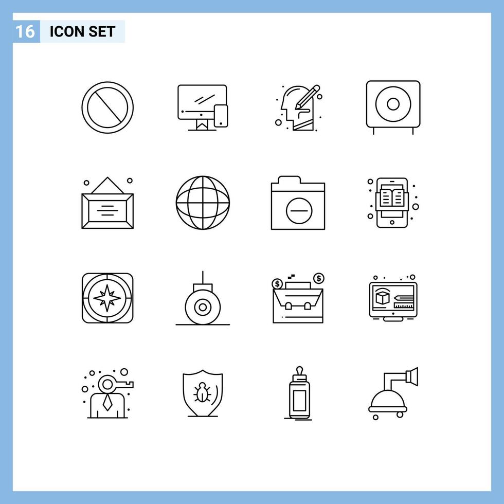 16 User Interface Outline Pack of modern Signs and Symbols of electronics bass imac write mind Editable Vector Design Elements