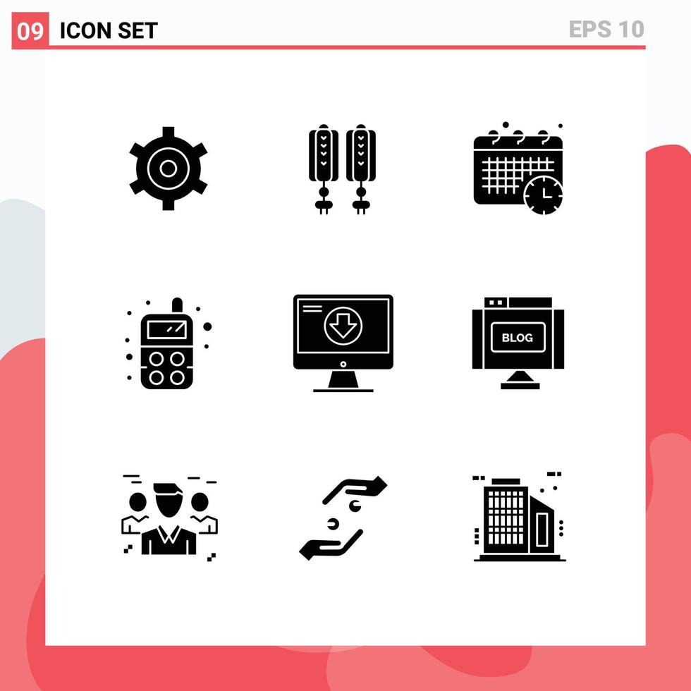 User Interface Pack of 9 Basic Solid Glyphs of download content schedule addition radio Editable Vector Design Elements