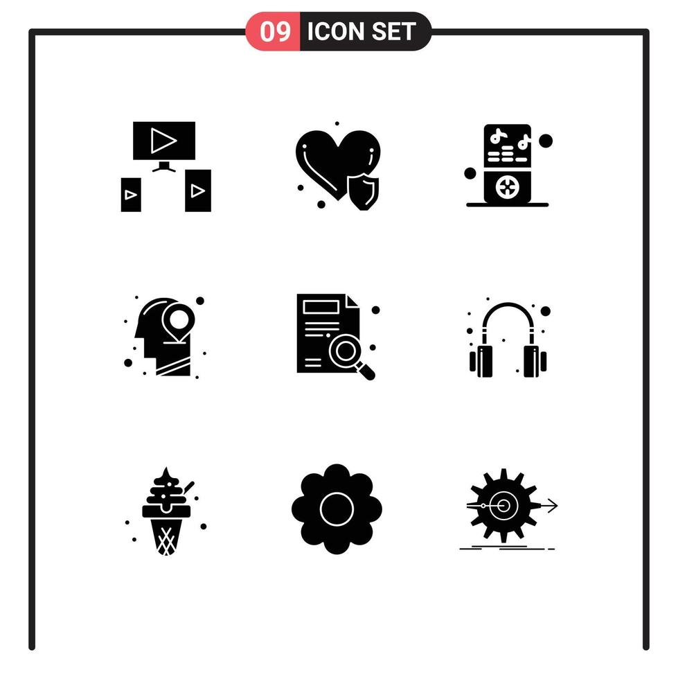 Pictogram Set of 9 Simple Solid Glyphs of report find music mind location Editable Vector Design Elements