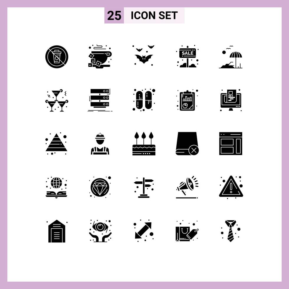 Group of 25 Solid Glyphs Signs and Symbols for shop sale bean info board night Editable Vector Design Elements