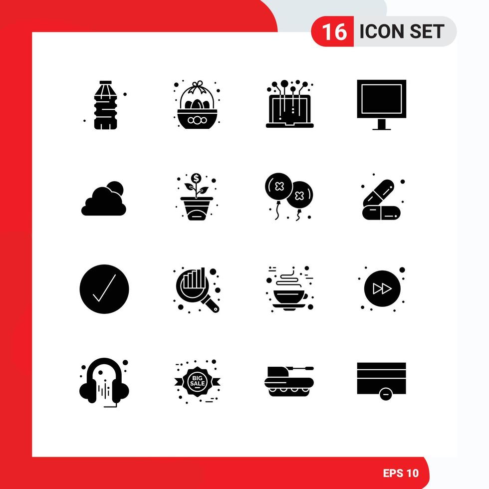 User Interface Pack of 16 Basic Solid Glyphs of sky television egg electric system Editable Vector Design Elements