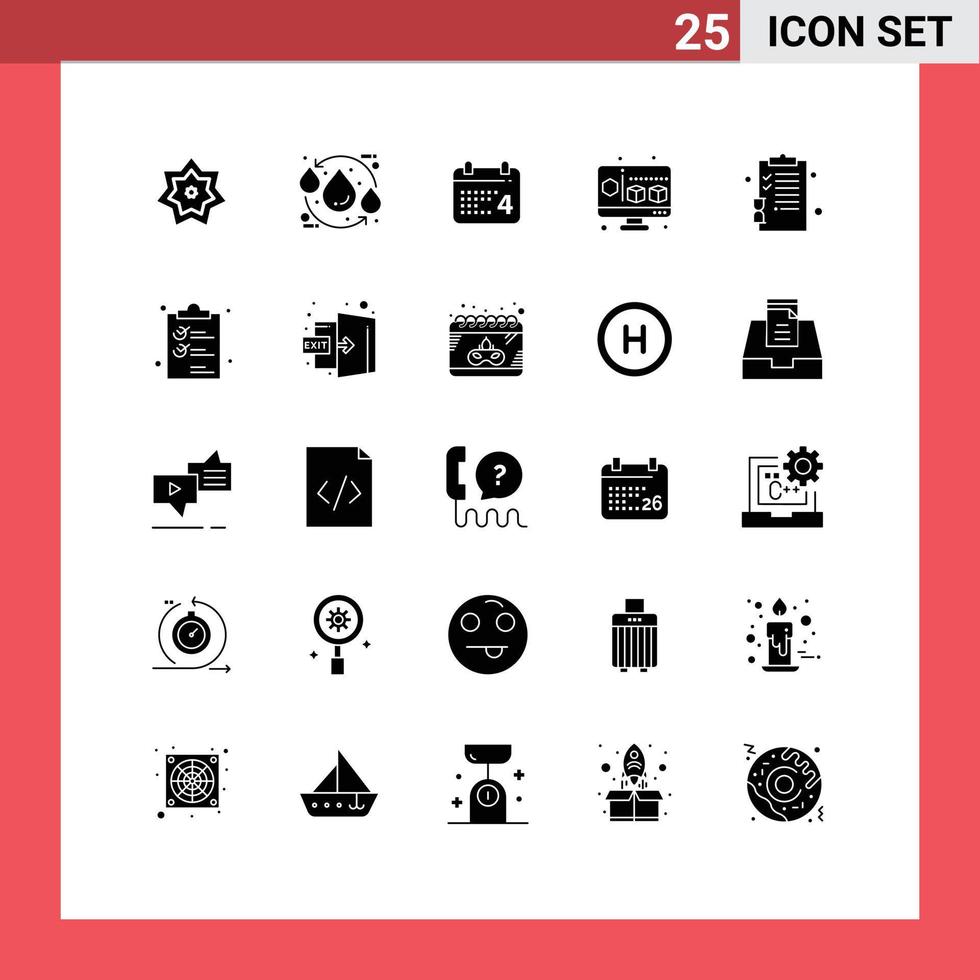 Universal Icon Symbols Group of 25 Modern Solid Glyphs of back to school gadget recycle cube date Editable Vector Design Elements