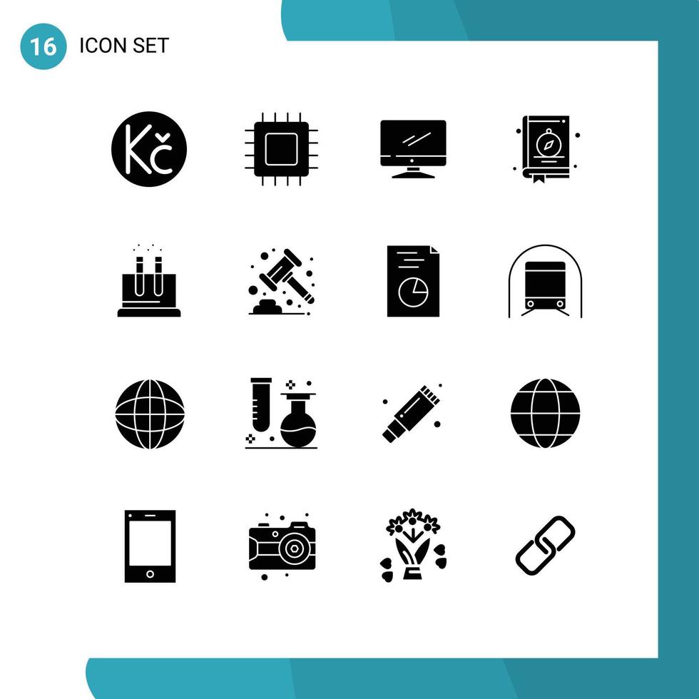 Universal Icon Symbols Group of 16 Modern Solid Glyphs of lab location computer book pc Editable Vector Design Elements