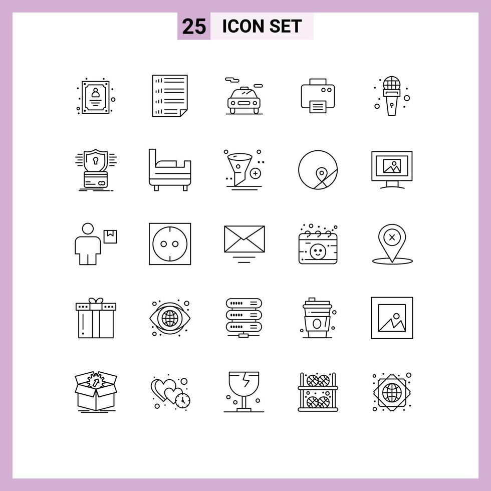 25 Universal Line Signs Symbols of microphone machine page printed printer Editable Vector Design Elements