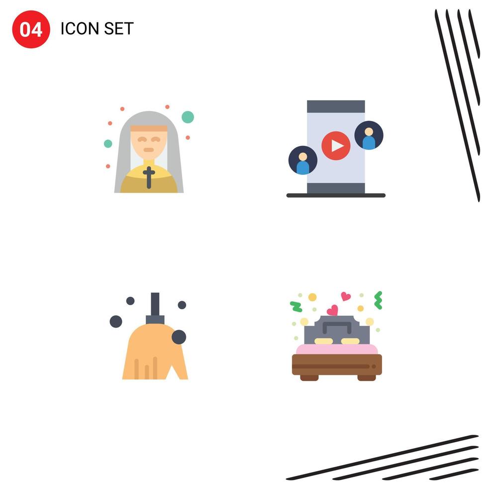 Set of 4 Vector Flat Icons on Grid for church broom nun conference cleaning Editable Vector Design Elements