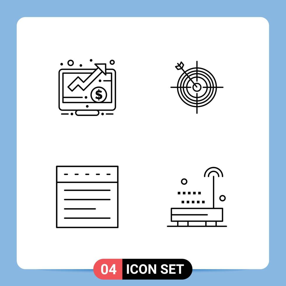 Mobile Interface Line Set of 4 Pictograms of dollar tabs screen dart website Editable Vector Design Elements