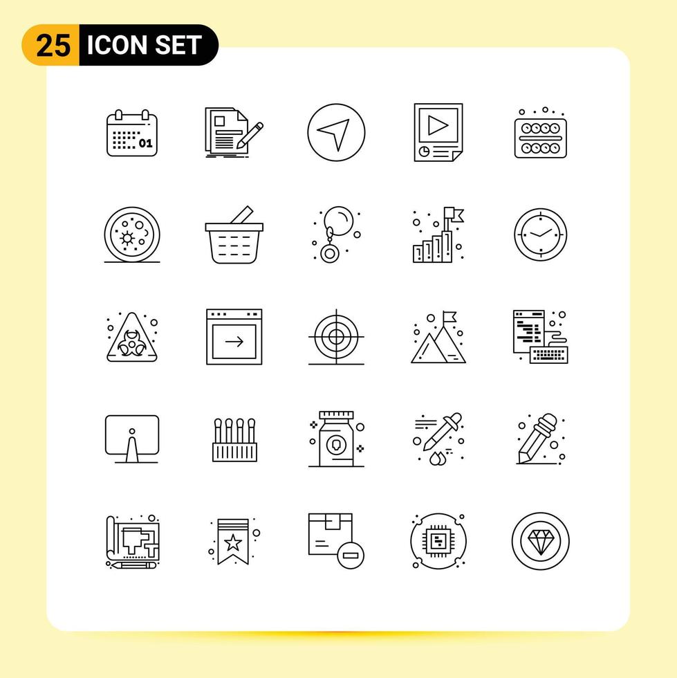 Mobile Interface Line Set of 25 Pictograms of office playback resume paper data Editable Vector Design Elements