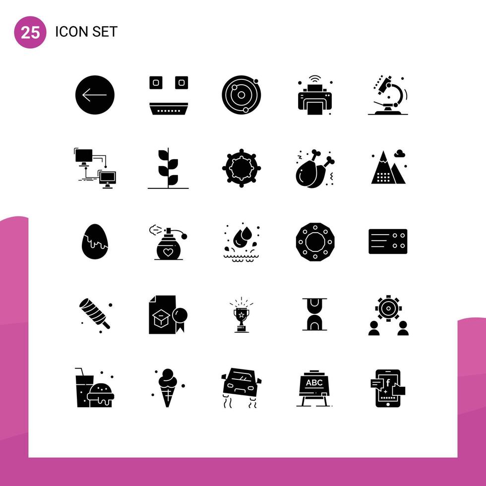 Set of 25 Vector Solid Glyphs on Grid for microscope biology galaxy wifi internet of things Editable Vector Design Elements