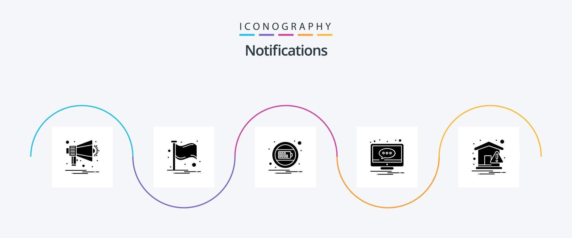Notifications Glyph 5 Icon Pack Including home. notification. battery. message. chat vector