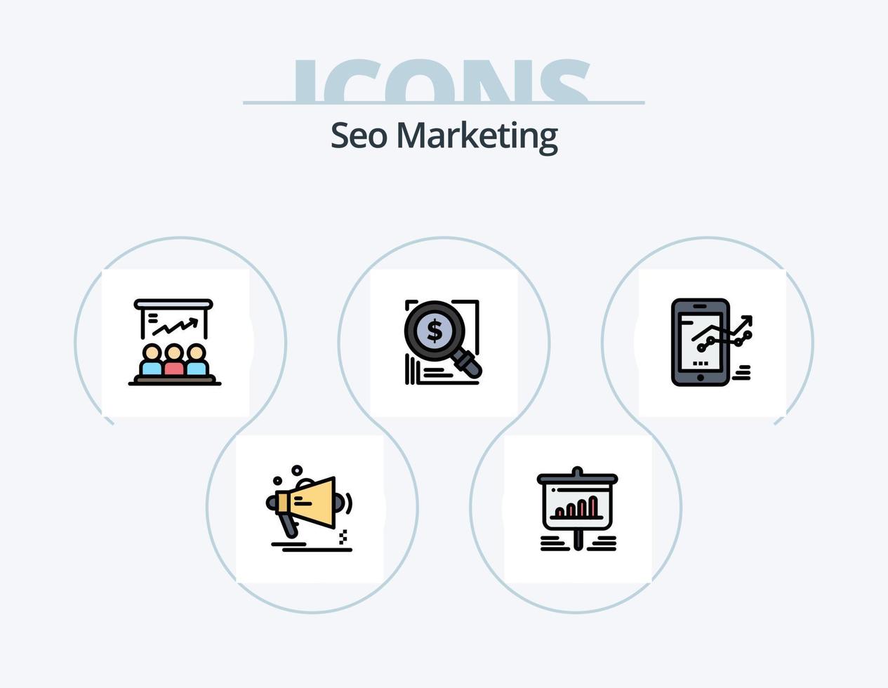 seo márketing línea lleno icono paquete 5 5 icono diseño. arriba. como. bandeja de entrada. Boletin informativo. medalla vector