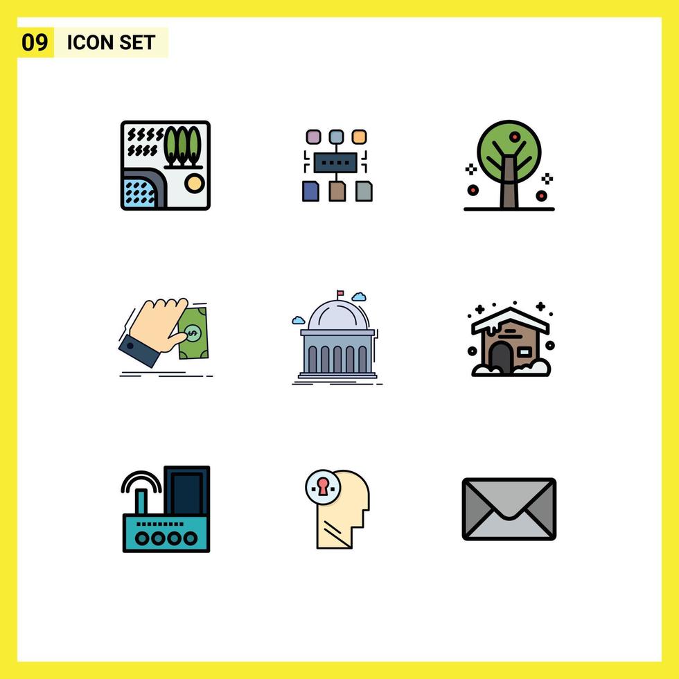 Group of 9 Modern Filledline Flat Colors Set for library earn document money business Editable Vector Design Elements