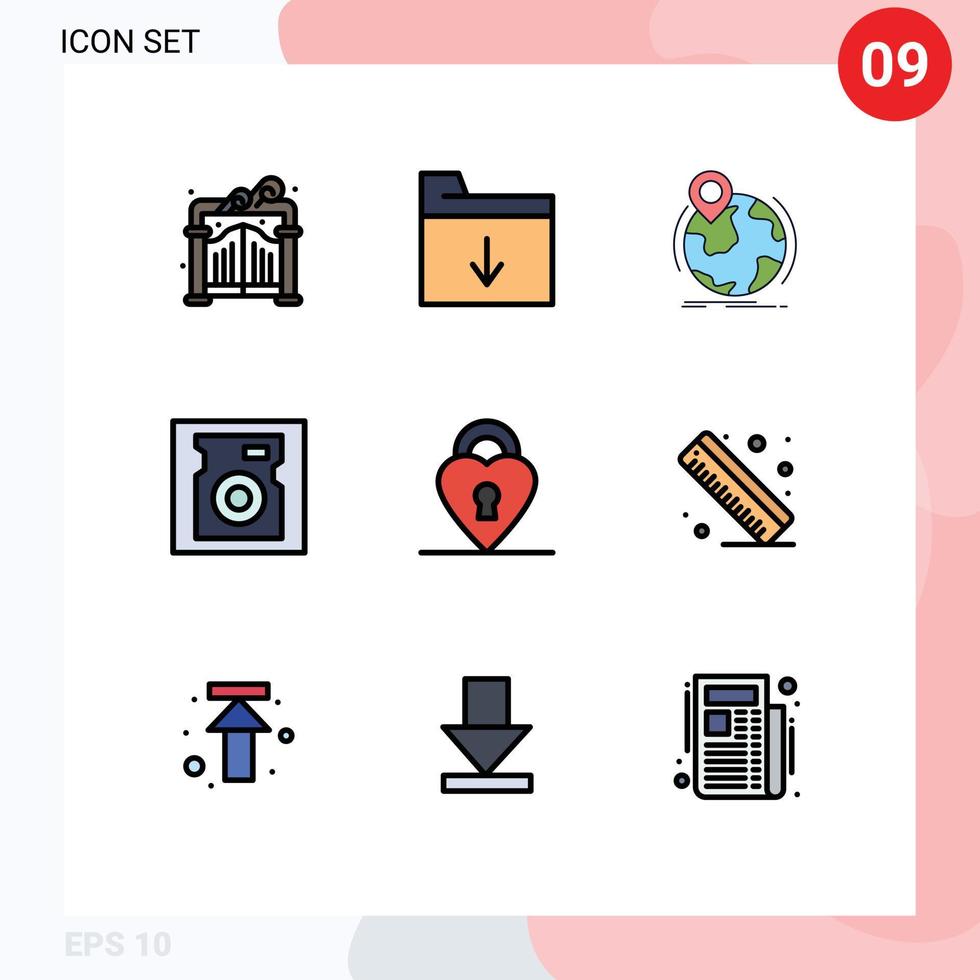 9 Filledline Flat Color concept for Websites Mobile and Apps measure love worldwide lock drive Editable Vector Design Elements
