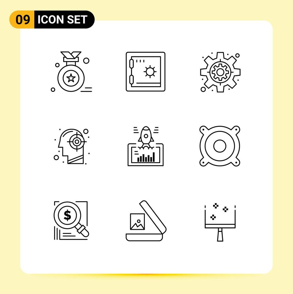 Set of 9 Vector Outlines on Grid for startup project settings launch mind Editable Vector Design Elements