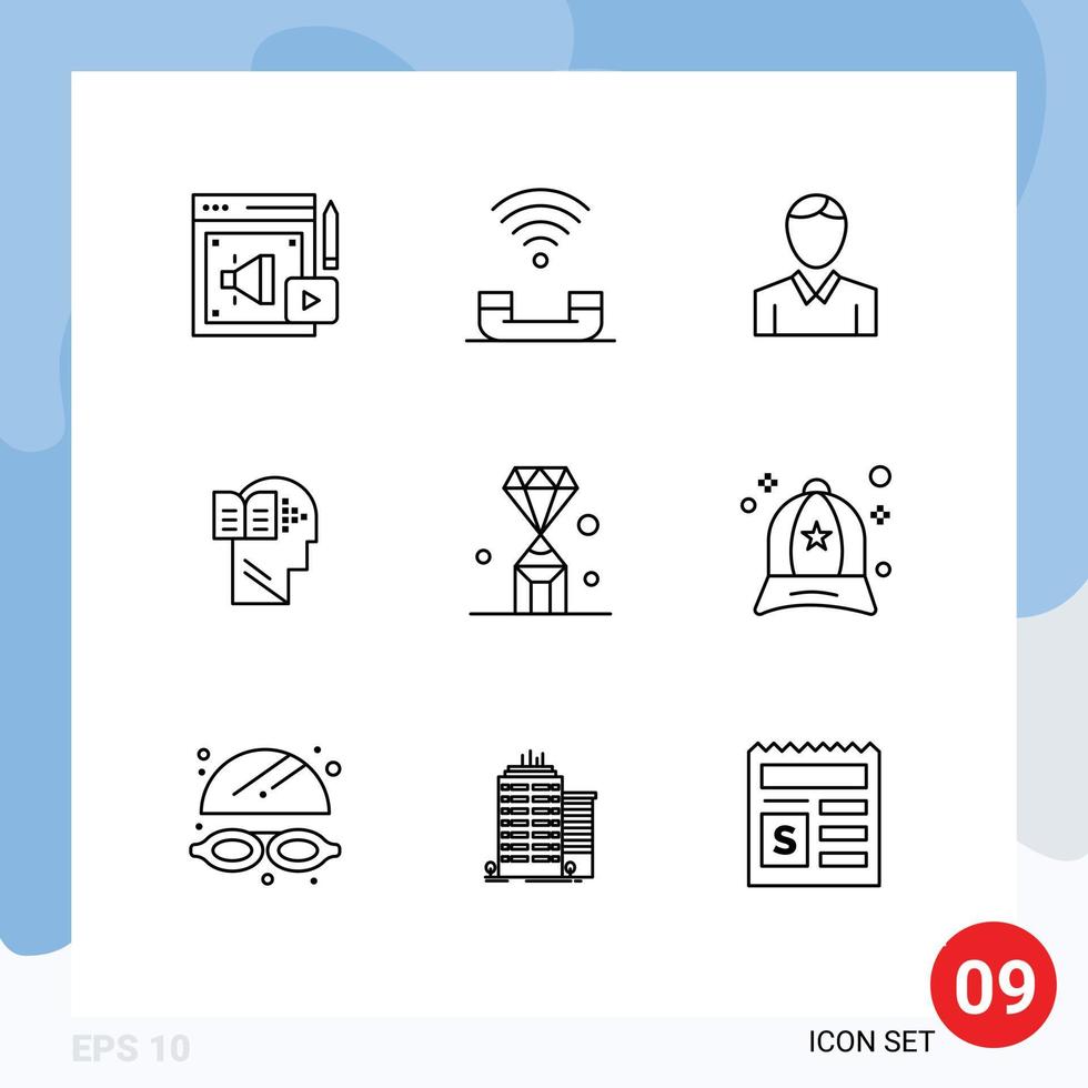 Universal Icon Symbols Group of 9 Modern Outlines of gems head telephone book person Editable Vector Design Elements