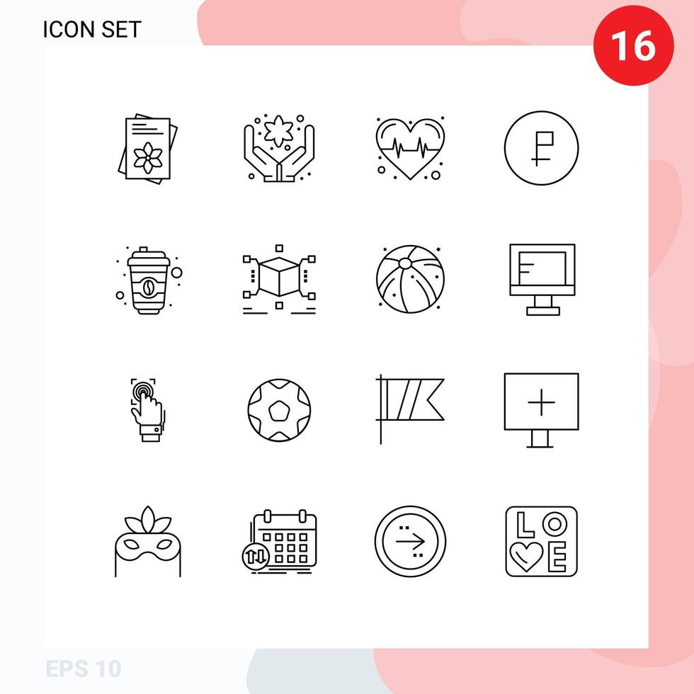 Pack of 16 creative Outlines of starbucks coffee heart ruble currency Editable Vector Design Elements