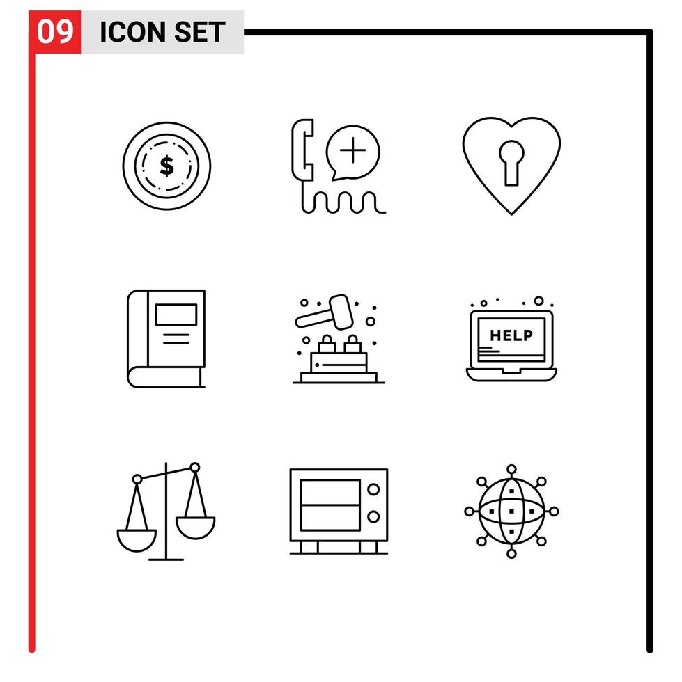 Group of 9 Modern Outlines Set for play whack a mole heart read education Editable Vector Design Elements