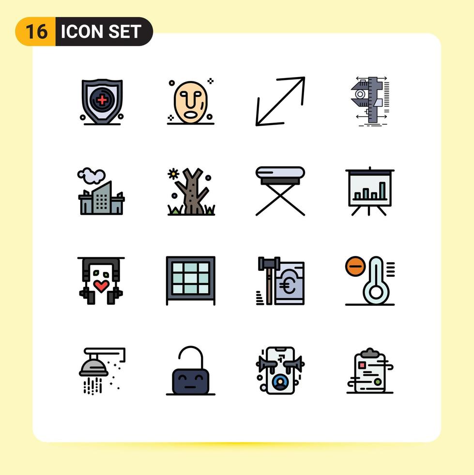 Pictogram Set of 16 Simple Flat Color Filled Lines of pollution industry scale factory physics Editable Creative Vector Design Elements