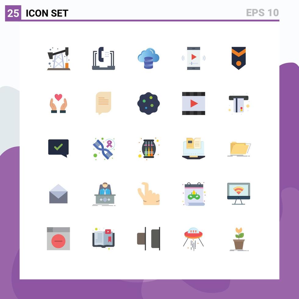 Modern Set of 25 Flat Colors Pictograph of badge video player cloud multimedia film Editable Vector Design Elements