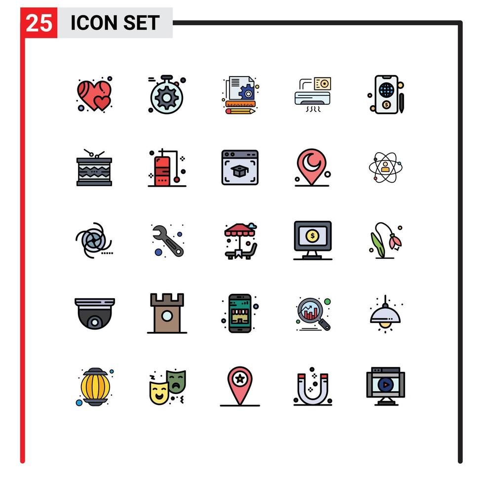 25 Universal Filled line Flat Colors Set for Web and Mobile Applications instrument dollar seo globe room Editable Vector Design Elements