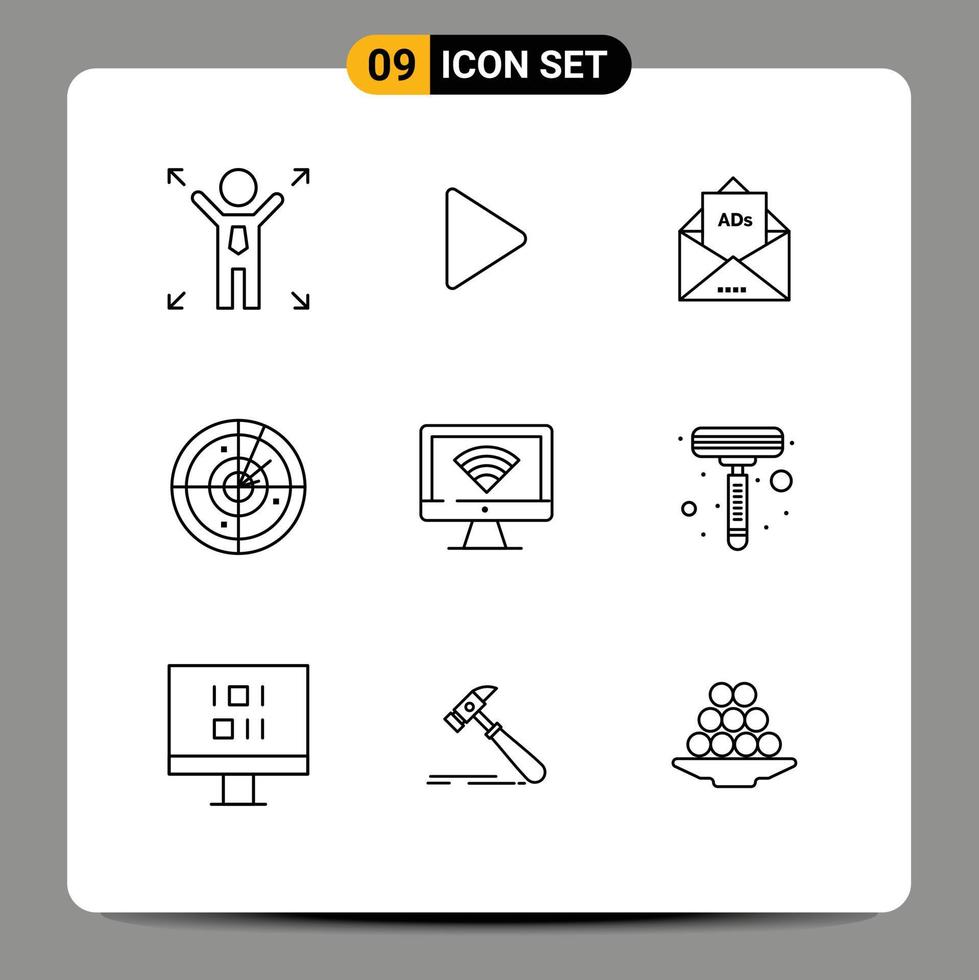 9 User Interface Outline Pack of modern Signs and Symbols of monitor technology advertising signaling area Editable Vector Design Elements