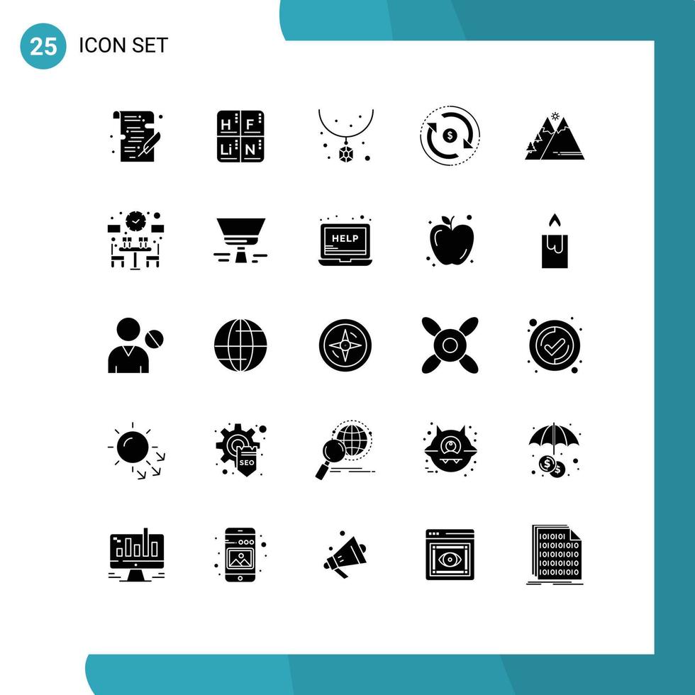 Set of 25 Vector Solid Glyphs on Grid for mountains market accessories flow circulation Editable Vector Design Elements