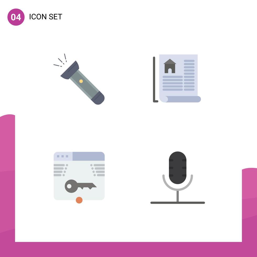 Pack of 4 creative Flat Icons of torch key camping estate form Editable Vector Design Elements