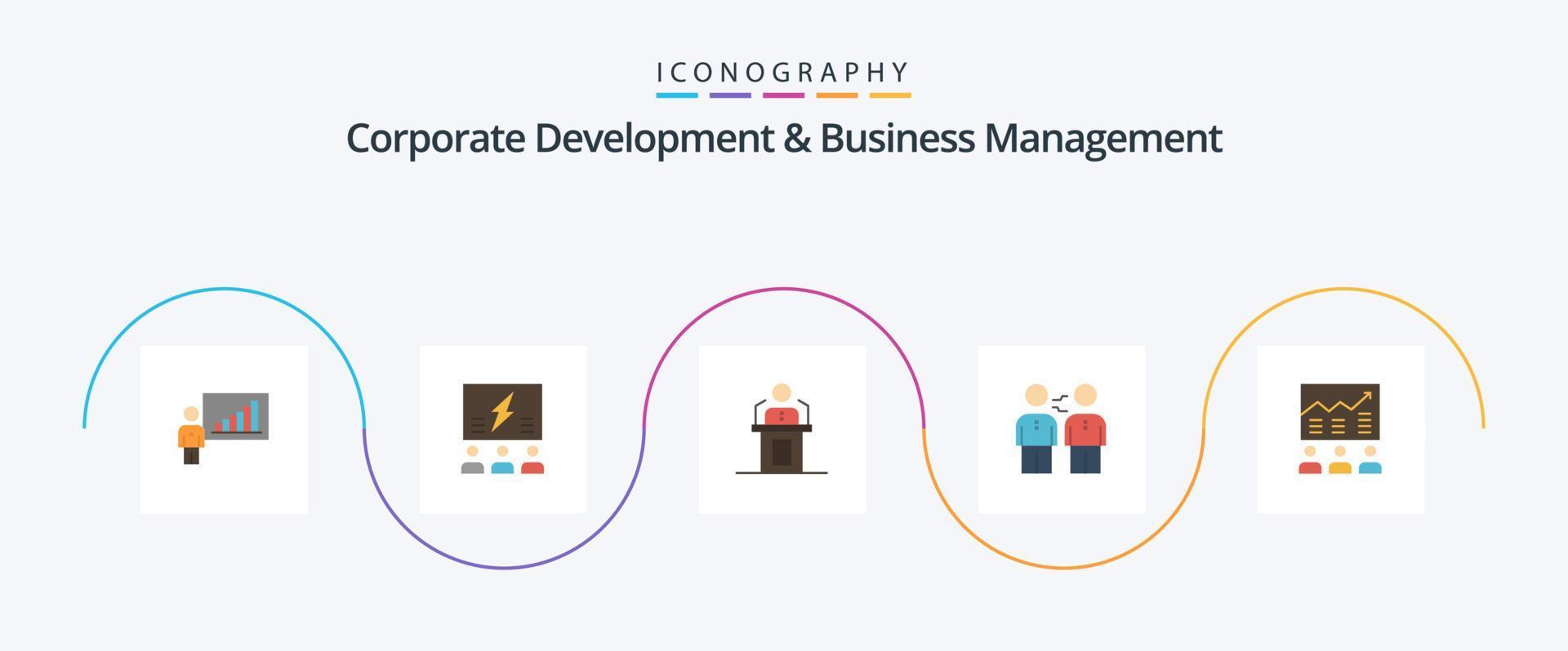 Corporate Development And Business Management Flat 5 Icon Pack Including seminar. professional. solution. presentation. speaker vector