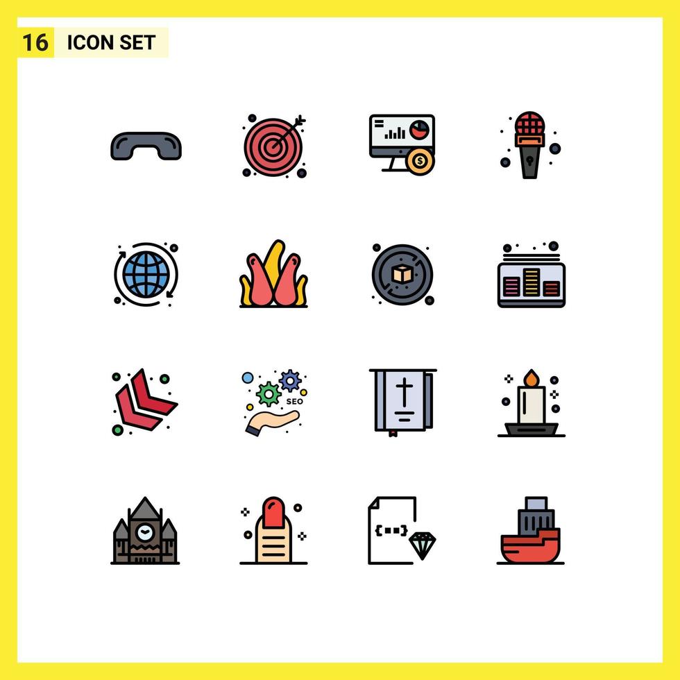 Set of 16 Modern UI Icons Symbols Signs for globe reporter monitor news mic Editable Creative Vector Design Elements