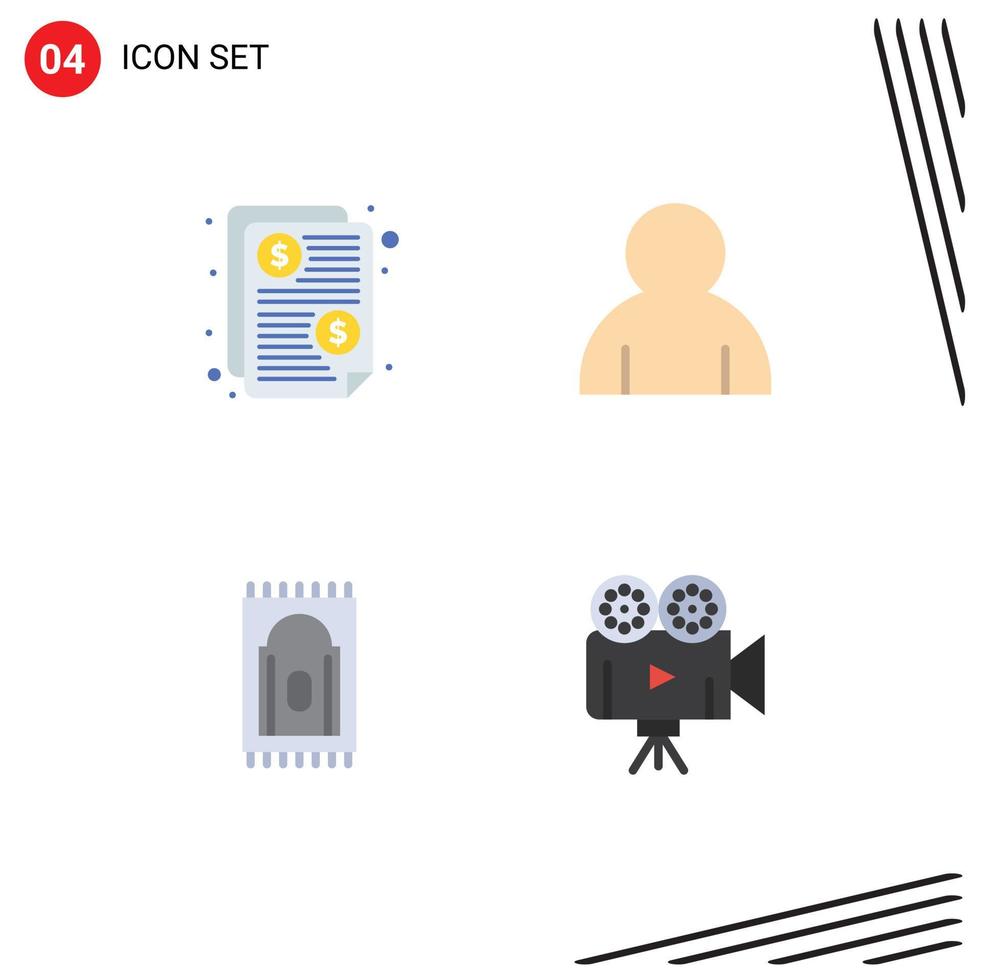 Editable Vector Line Pack of 4 Simple Flat Icons of bill rug paid user film camera Editable Vector Design Elements