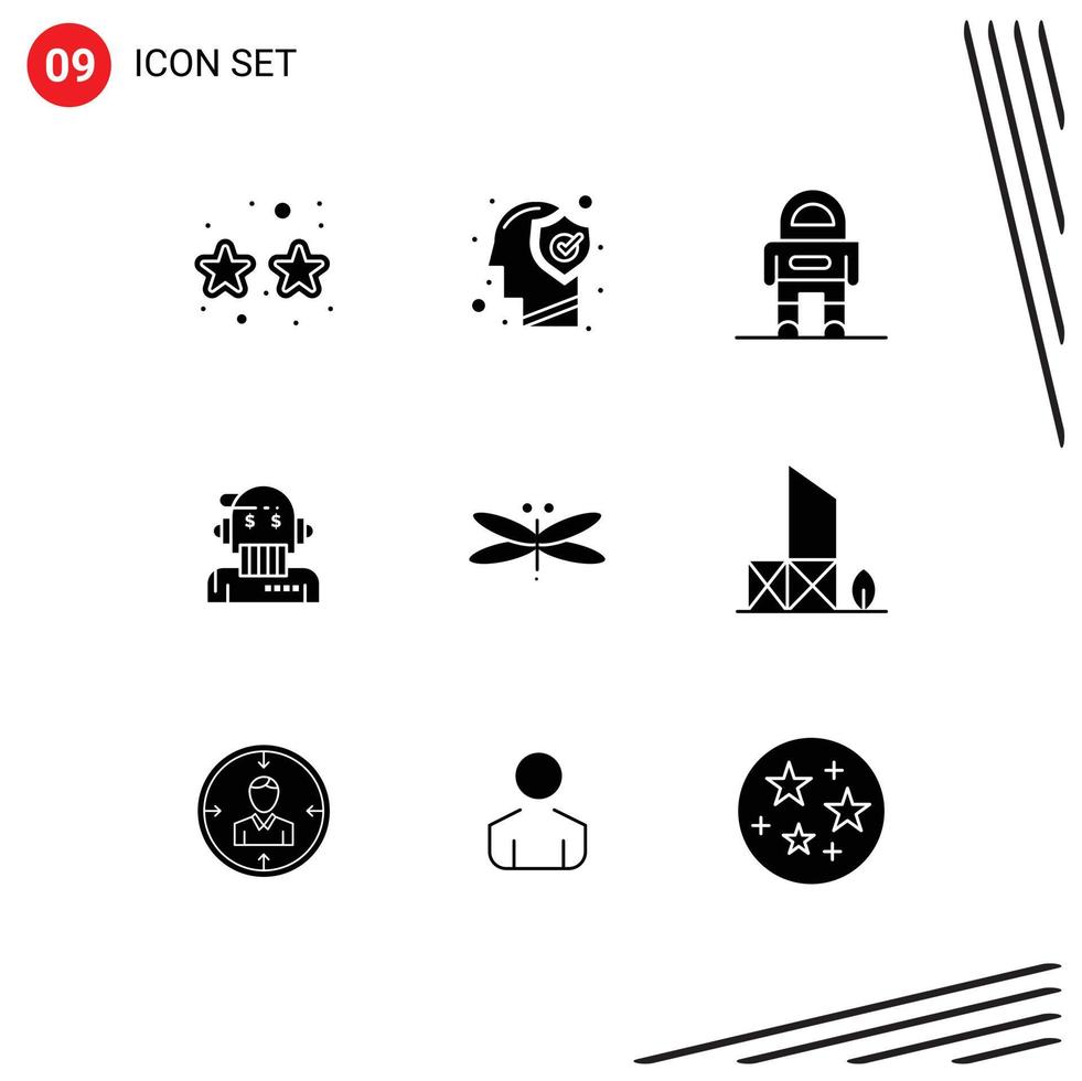 Group of 9 Solid Glyphs Signs and Symbols for analyst advisor mind adviser suit Editable Vector Design Elements