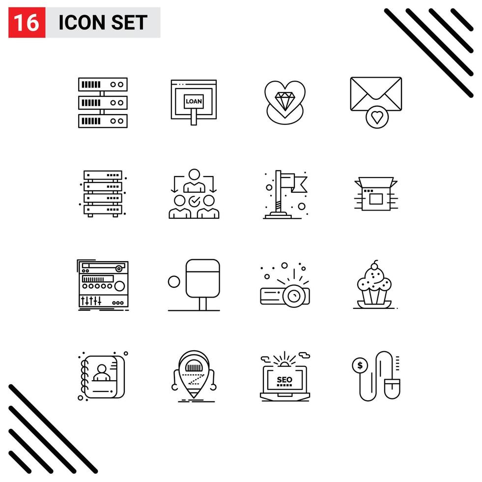 Modern Set of 16 Outlines Pictograph of server data diamond valentine mail Editable Vector Design Elements