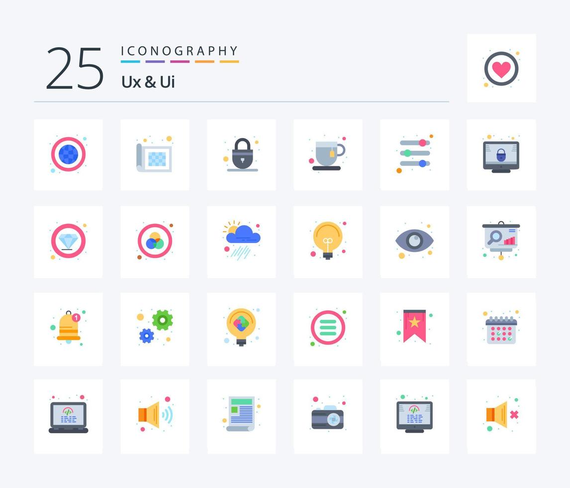 Ux And Ui 25 Flat Color icon pack including parameters. options. padlock. tea time. refreshment vector