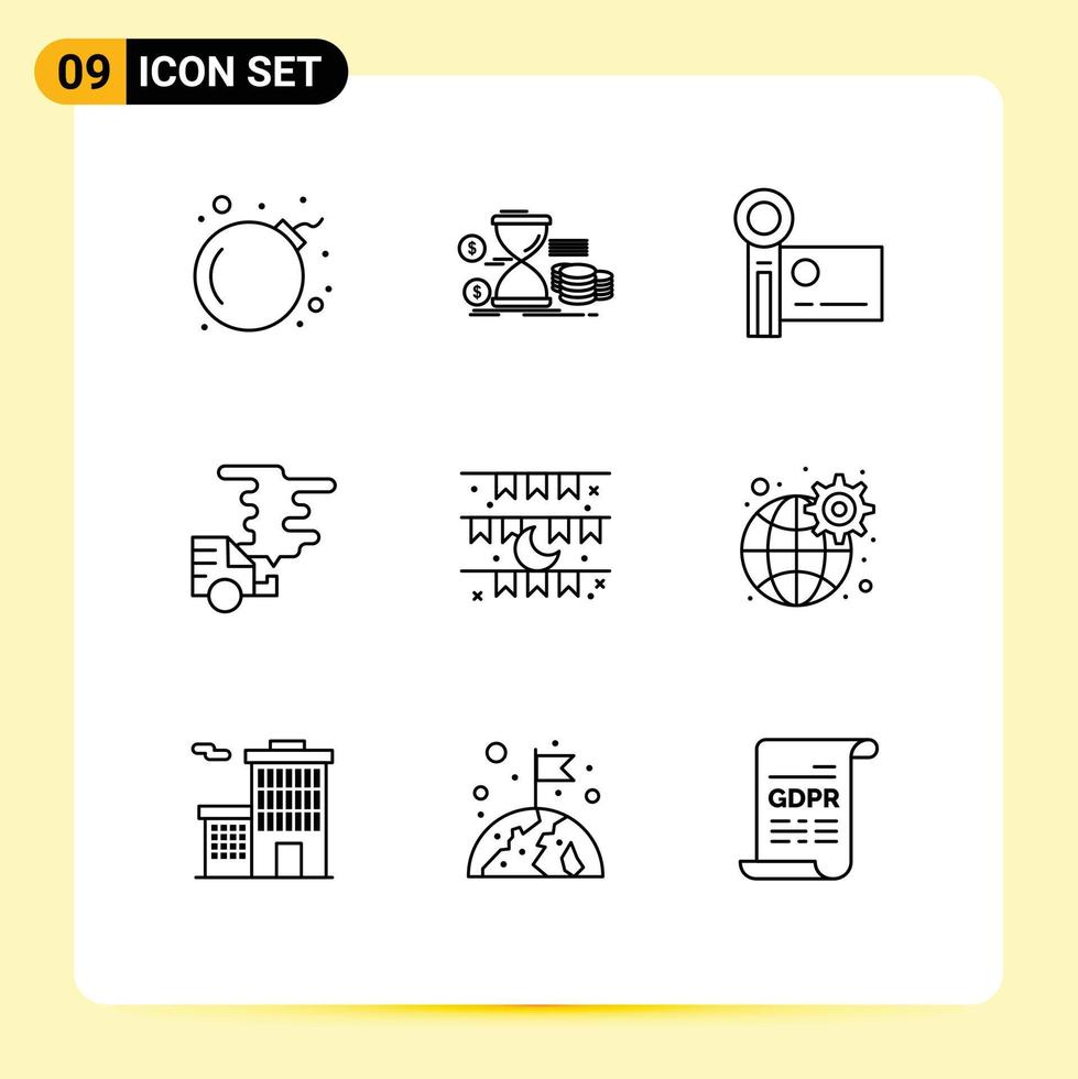 Stock Vector Icon Pack of 9 Line Signs and Symbols for pollution emission camcorder car video camera Editable Vector Design Elements