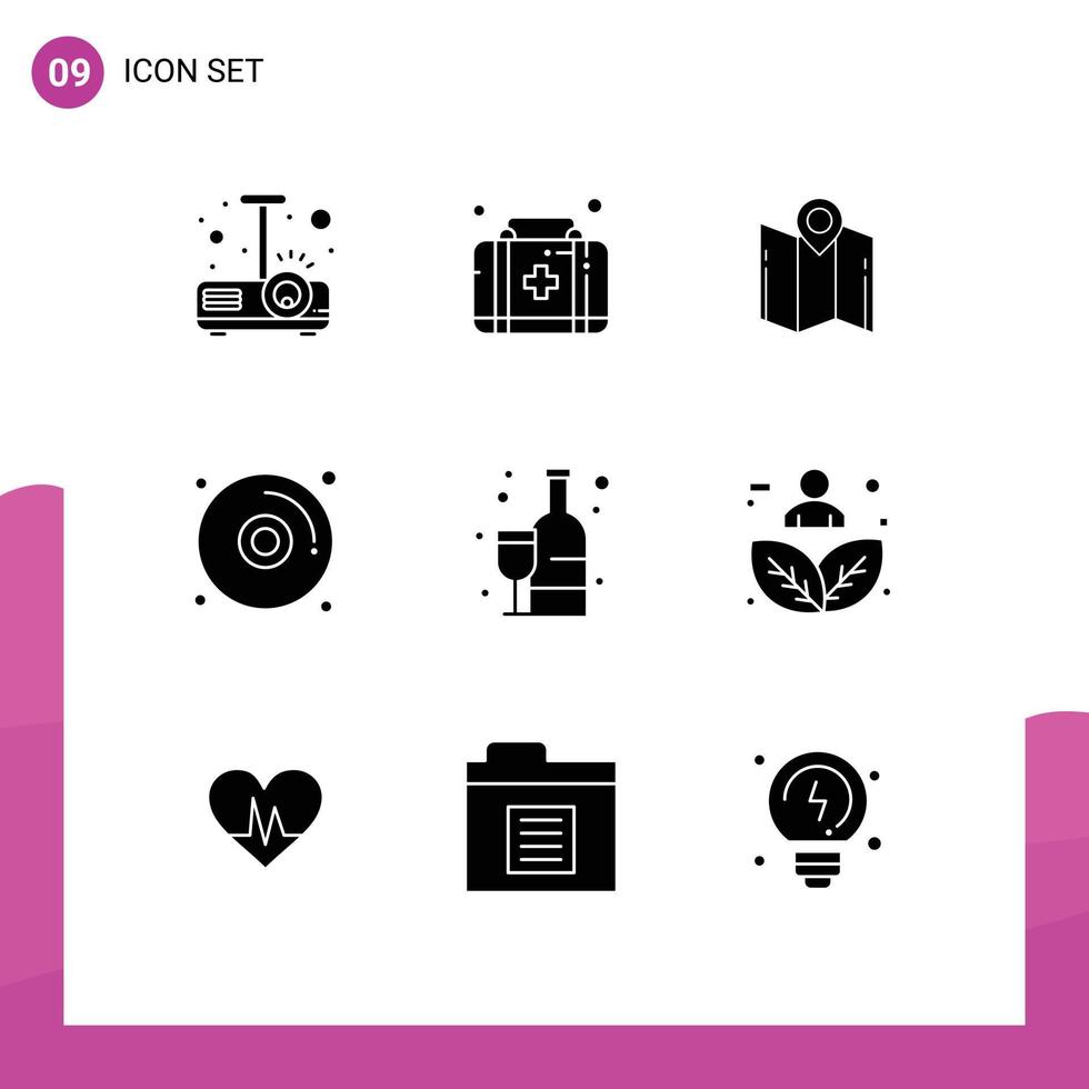User Interface Pack of 9 Basic Solid Glyphs of alcoholic shopping direction dvd cd Editable Vector Design Elements