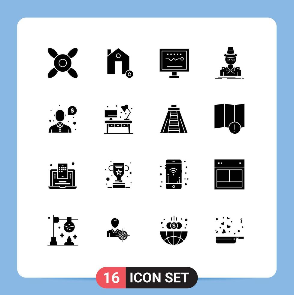 Modern Set of 16 Solid Glyphs Pictograph of help spy cardiology incognito detective Editable Vector Design Elements