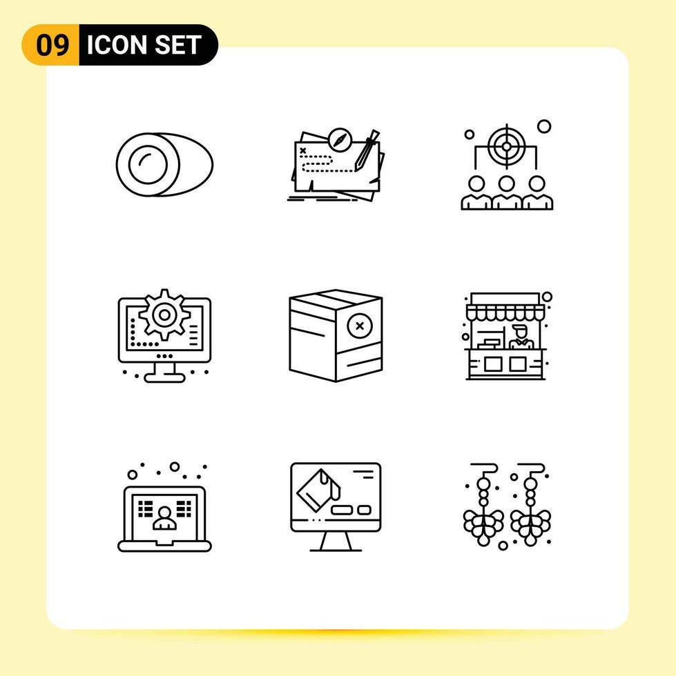 Pictogram Set of 9 Simple Outlines of box process role interface management Editable Vector Design Elements
