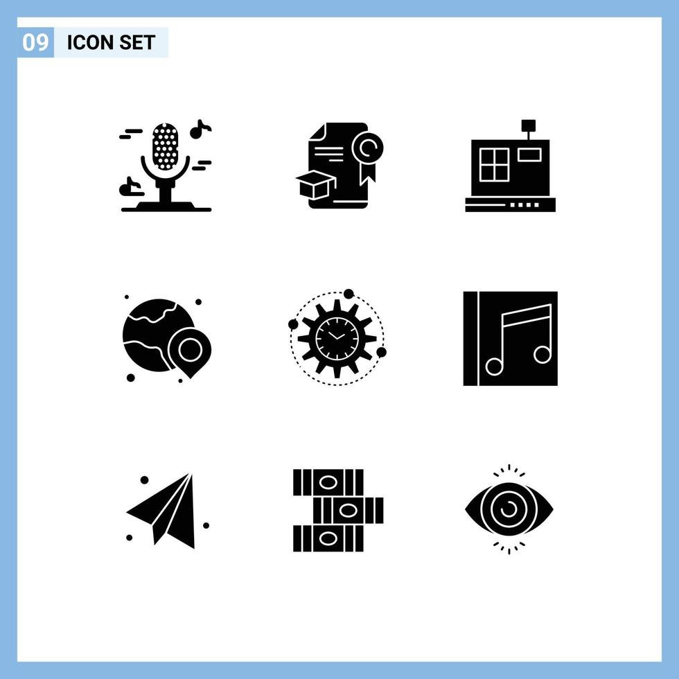 9 Thematic Vector Solid Glyphs and Editable Symbols of productivity management commerce efficiency location Editable Vector Design Elements