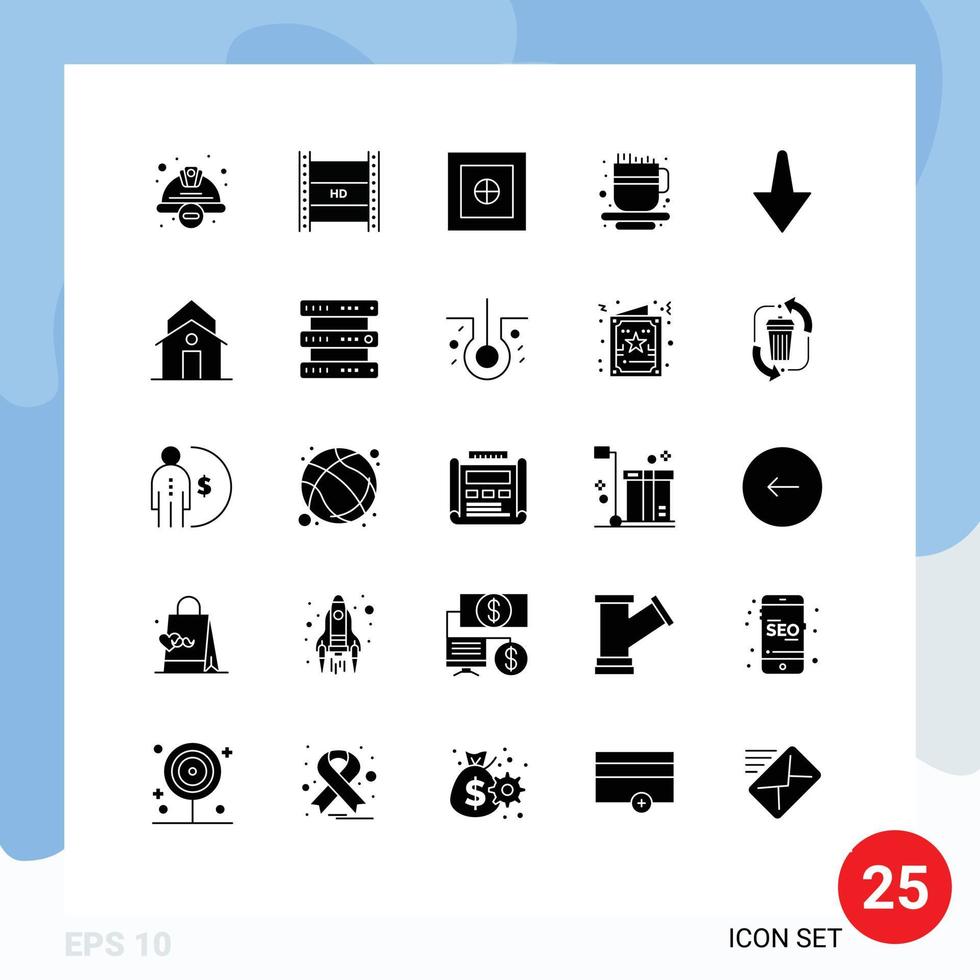 Pictogram Set of 25 Simple Solid Glyphs of arrow cup hd streaming coffee cup money Editable Vector Design Elements