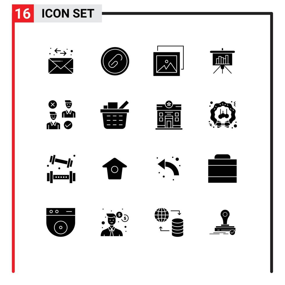 Pack of 16 Modern Solid Glyphs Signs and Symbols for Web Print Media such as job group album report blackboard Editable Vector Design Elements