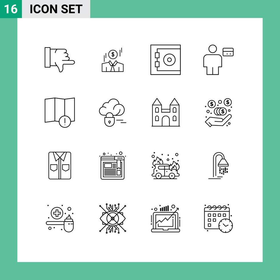 paquete de dieciséis moderno contornos señales y símbolos para web impresión medios de comunicación tal como advertencia alerta proteger débito tarjeta editable vector diseño elementos