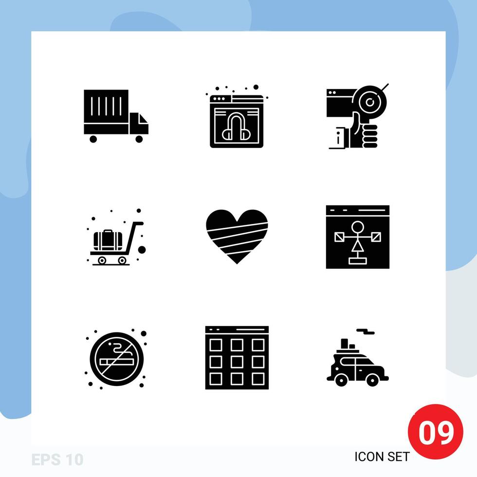 Mobile Interface Solid Glyph Set of 9 Pictograms of like heart achieved trolley airport Editable Vector Design Elements