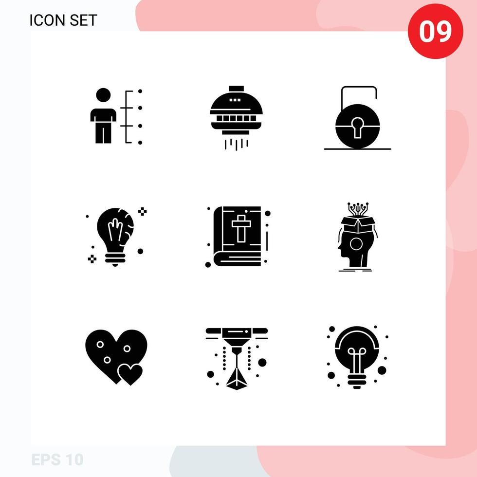 9 User Interface Solid Glyph Pack of modern Signs and Symbols of solution bulb spacecraft mind protect Editable Vector Design Elements